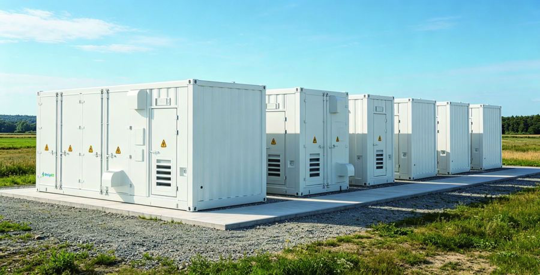 Row of energy storage containers on their slab