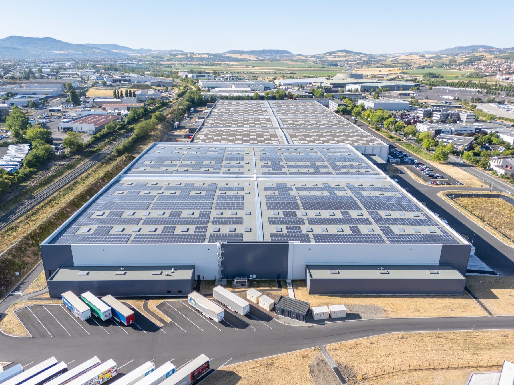 Aerial view of a logistics platform and its loading docks